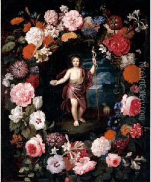 Saint John The Baptist Standing In A Landscape Surrounded By A Garland Of Flowers Oil Painting - Nicolas Van Veerendael