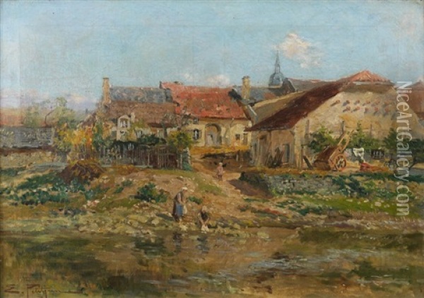 Lavandieres Pres D'un Village Oil Painting - Edmond Marie Petitjean