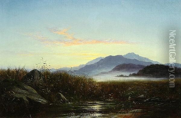 Mountainous Landscape At Sunrise Oil Painting - Walter Williams