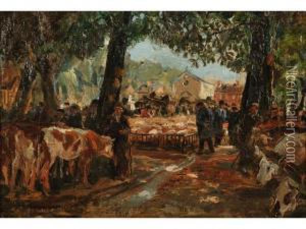 Marche Aux Bestiaux Au Pays De Caux Oil Painting - Raymond Louis Lecourt