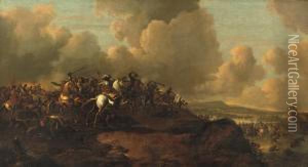 A Cavalry Skirmish In An Extensive River Landscape, A Fortress Beyond Oil Painting - Jacques Van Wijck