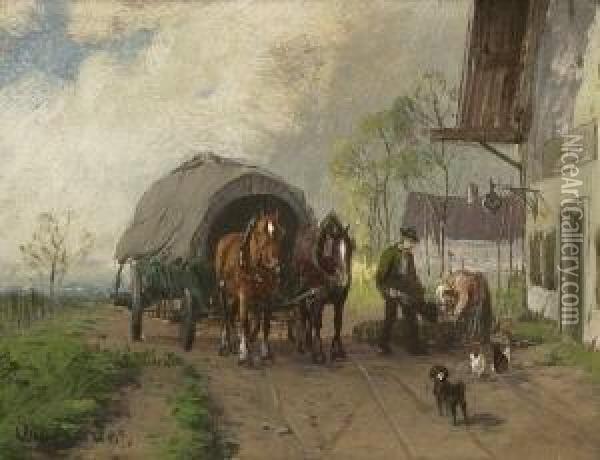 Pferdefuhrwerk Vor Der
 Dorfwirtschaft. Oil Painting - Otto Fedder