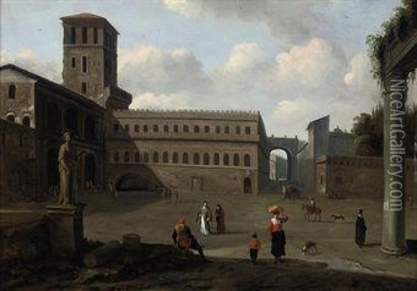 A Medieval Town Square With Figures Beside Roman Ruins Oil Painting - Jan Cornelis Holblock