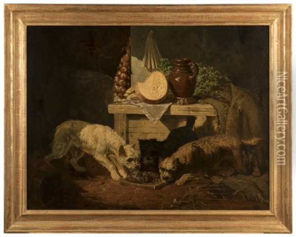 Dogs Playing With Mice With A Still Life In Background Oil Painting - Vincent de Vos