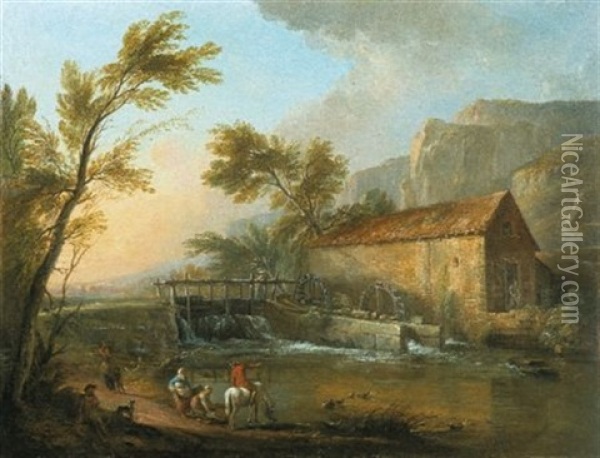Paysage Au Moulin A Eau Oil Painting - Jean Baptiste Lallemand