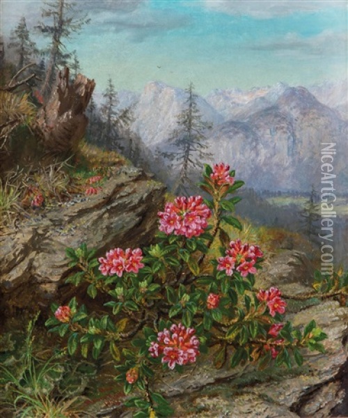 Alpenrosen Mit Berglandschaft Oil Painting - Anna Stainer-Knittel