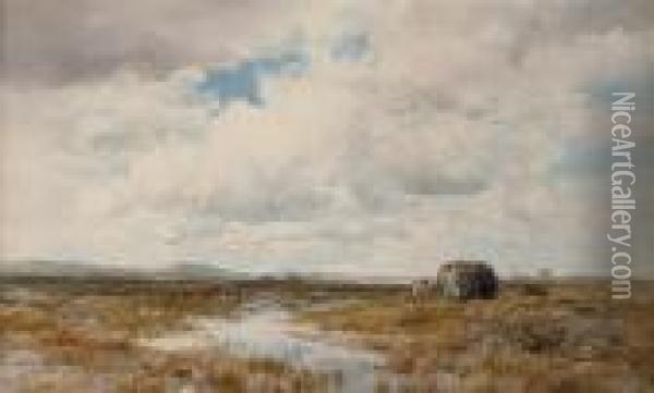 Peat Cutters In An Extensive Irish Landscape Oil Painting - Augustus Watford Weedon
