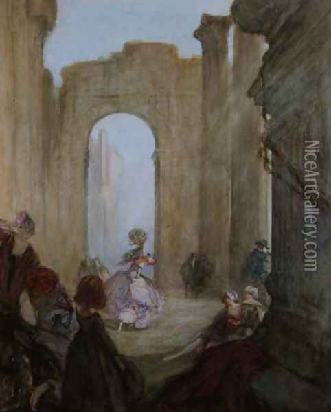 Girls watching a dancer among classical ruins Oil Painting - Claude Shepperson
