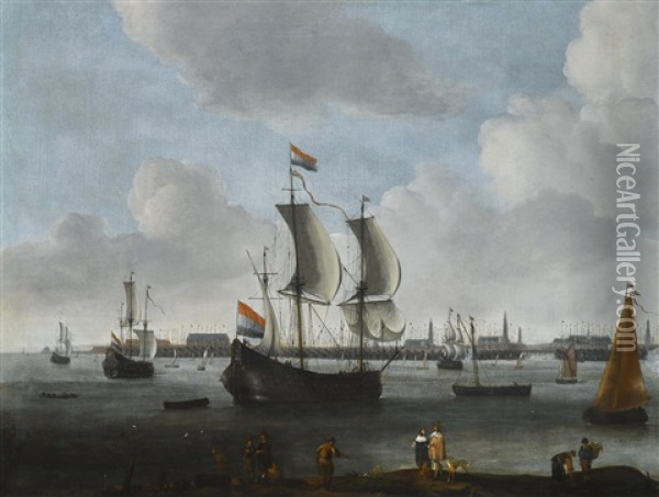 A Harbour Scene With A Large Flute, A Small Cargo Ship, A Kaag And Other Shipping Moored, With An Elegant Couple And Other Figures In The Foreground Oil Painting - Willem Augustin van Minderhout