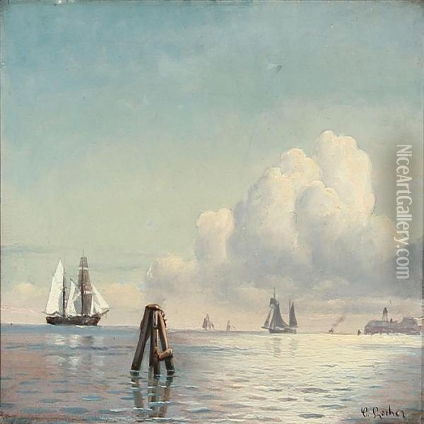 Seascape With Sailing Ships Near Trekroner Fortress, Copenhagen Oil Painting - Carl Locher