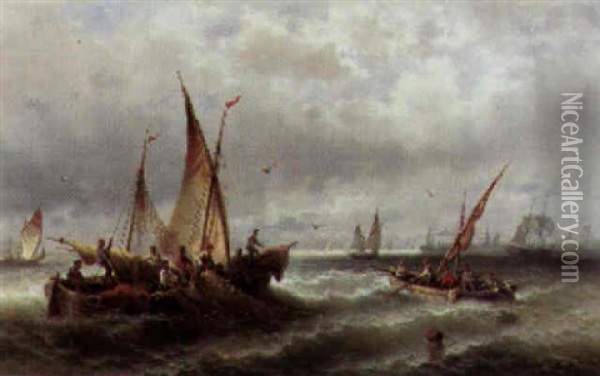 Fishermen Hauling In Their Nets Oil Painting - Albert Rieger