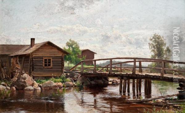 Morning Atmosphere By The River Oil Painting - Hjalmar (Magnus) Munsterhjelm