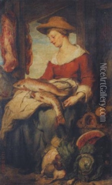 Junge Frau Mit Strohhut Als Verkauferin Auf Dem Markt Oil Painting - Hans Canon