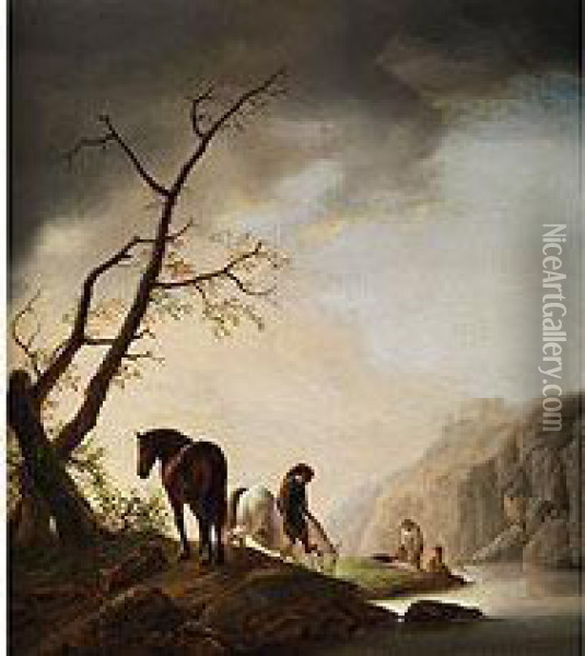 Pferdehirte Auf Weissem Schimmel In Betrachtung Badender Frauen An Einem Fluss Oil Painting - Adriaen van Eemont
