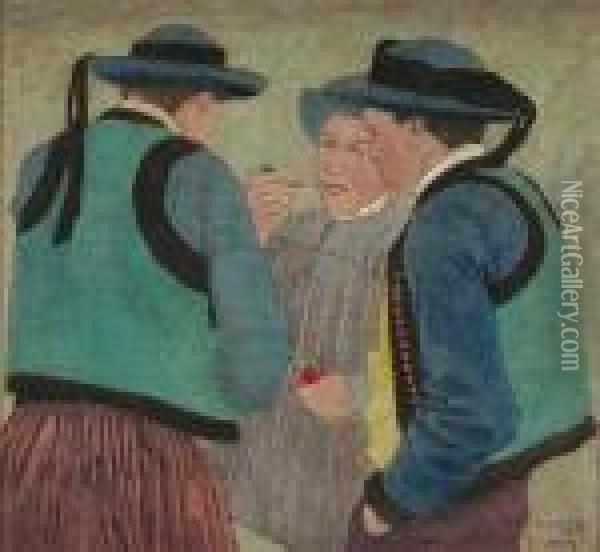 Breton Men With Pipes. Oil Painting - Carl Moser