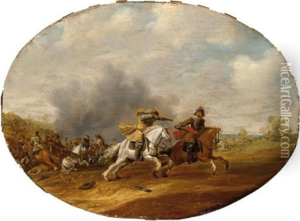 A Cavalry Skirmish With A Battle Beyond Oil Painting - Abraham van der Hoef