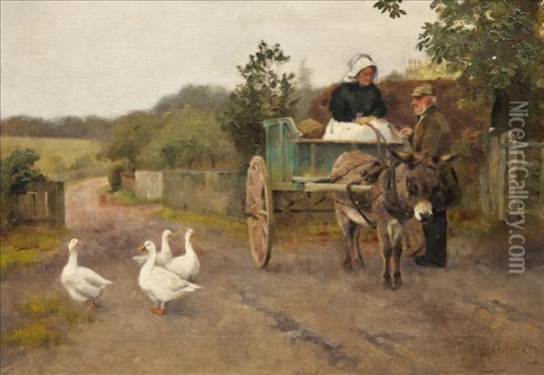 Donkey Andtrap With Farmers And Geese Oil Painting - Emma Louise Hardman