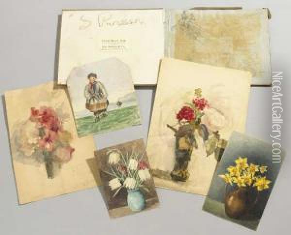 Sketchbook Of Watercolours And Drawings And Portfolio Case Of Assorted Sketches Oil Painting - Sarah Henrietta Purser