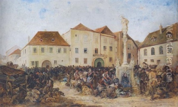 Markt Auf Dem Hauptplatz Von Krems Oil Painting - Ignaz Ellminger