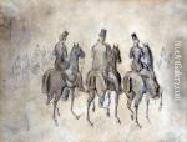 Figures On Horseback Promenading Oil Painting - Constantin Guys