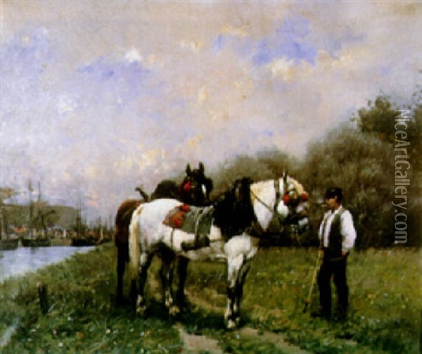 A Groom And Two Horses In A River Landscape Oil Painting - Adolphe Gustave Binet