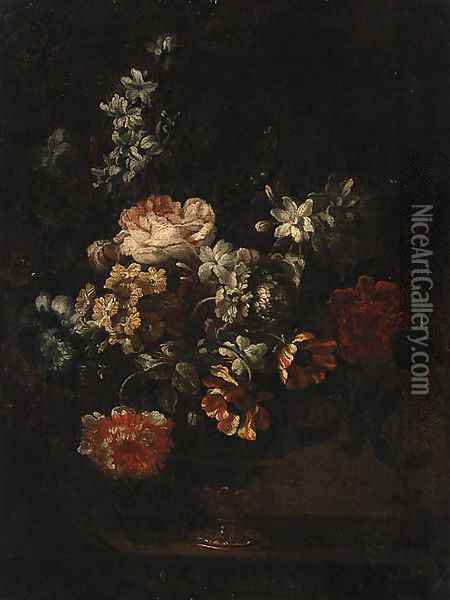 Carnations, Roses, Tulips and other Flowers in an glass Vase on a Ledge Oil Painting - Simon Hardime