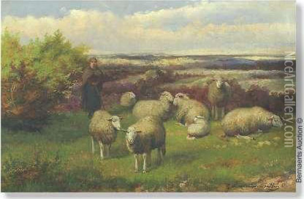 Shepherdesswith Sheep On The Meadow. Canvas. Signed 'j.l.vanleemputten' Oil Painting - Jef Louis Van Leemputten