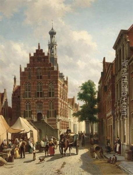 A Busy Street In Culemborg Oil Painting - Jacques Francois Carabain