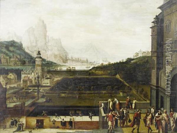 The Grounds Of A Renaissance Palace Withepisodes From The Story Of David And Bathsheba, An Extensivelandscape With Mountains And A Harbour Beyond Oil Painting - Lucas van Valckenborch