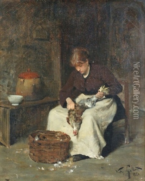 Junge Frau Beim Huhnerrupfen Oil Painting - Victor Gabriel Gilbert