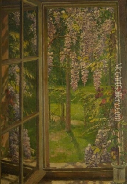 Am Fenster. Blick Auf Einen Fruhlingsgarten Mit Bluhenden Glyzinien Oil Painting - August Blunck