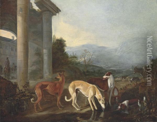 A Mountainous Landscape With Hounds Watering By A Classicalbuilding Oil Painting - Adriaen Cornelisz. Beeldemaker