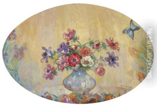 Vase Of Flowers With Butterfly And Mixed Flowers (2 Works) Oil Painting - Maurits Niekerk