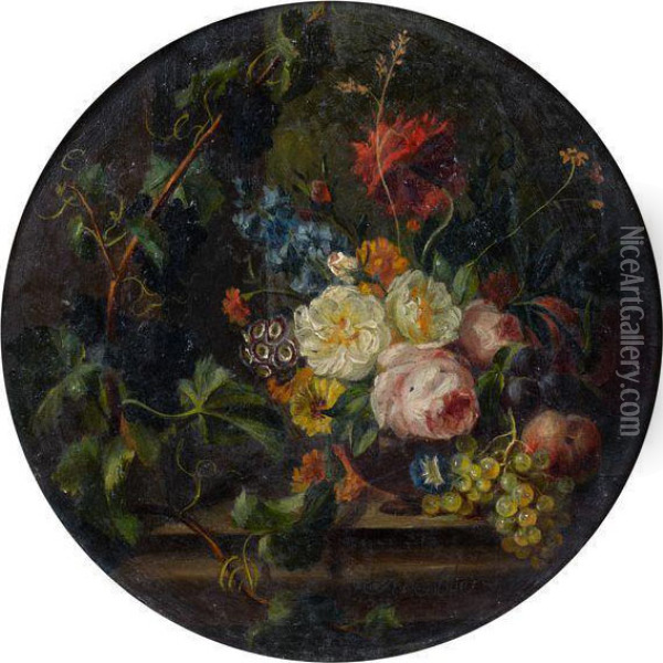 < Fleurs Et Fruits Sur Un Entablement >. Oil Painting - Moise Jacobber