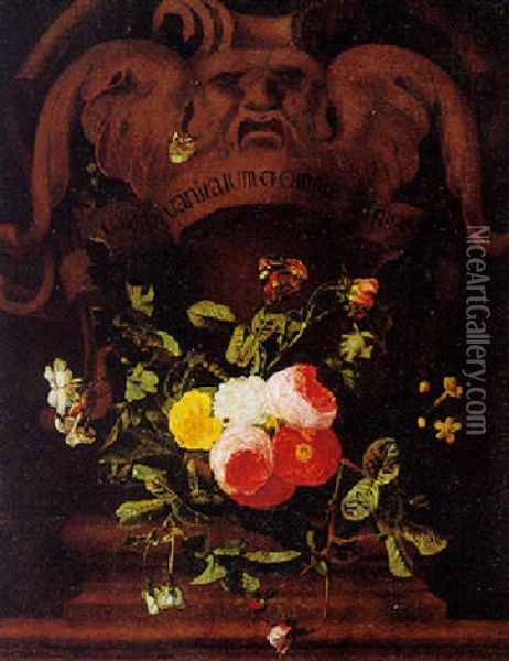 Still Life Of Roses With Butterflies In A Stone Cartouche Oil Painting - Christiaan Luycks