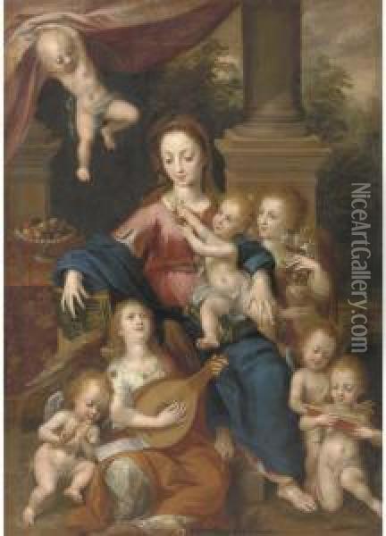 The Virgin And Child With Angels Making Music Oil Painting - Dirck de Quade Van Ravesteyn