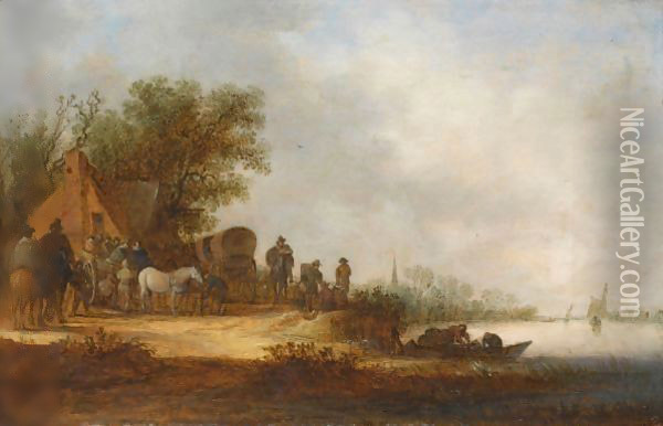A River Landscape With Travellers With Their Horse-Drawn Carriages And Wagons Halting At An Inn Oil Painting - Jan van Goyen