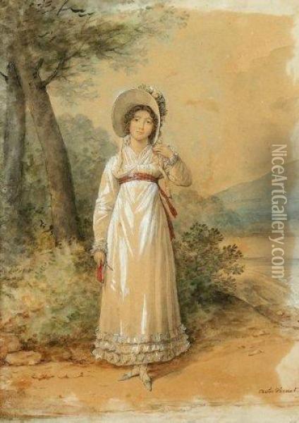 Portrait D'une Jeune Femme A La Robe Blanche Sous Un Arbre Oil Painting - Carle Vernet