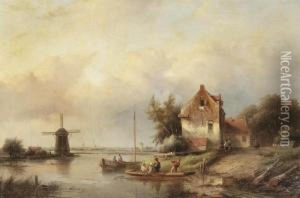 A Summer Landscape With A Windmill And A Ferry Crossing Awaterway Oil Painting - Jan Jacob Coenraad Spohler