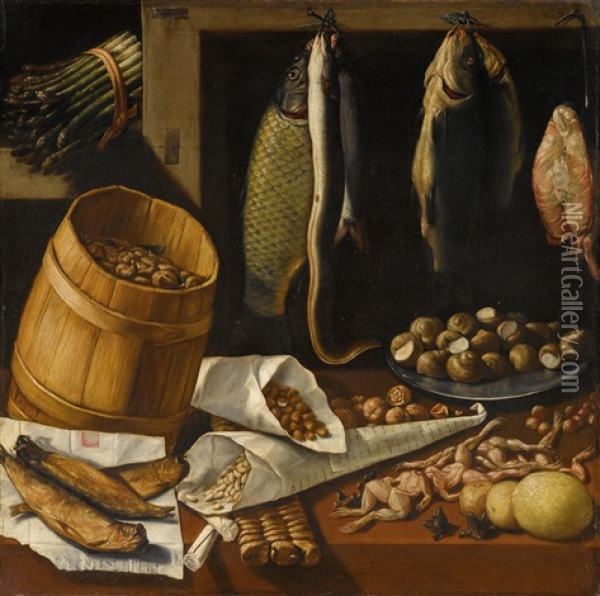 Still Life With Asparagus, Fish And Snails Oil Painting - Paolo Antonio Barbieri