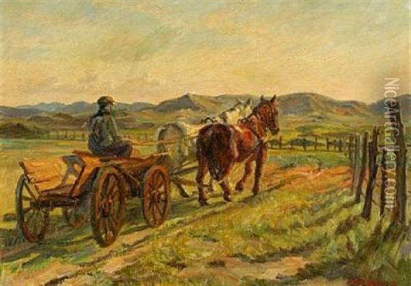 Horse Carriage On A Heath, Probably Near Skagen Oil Painting - Johannes Martin Fastings Wilhjelm
