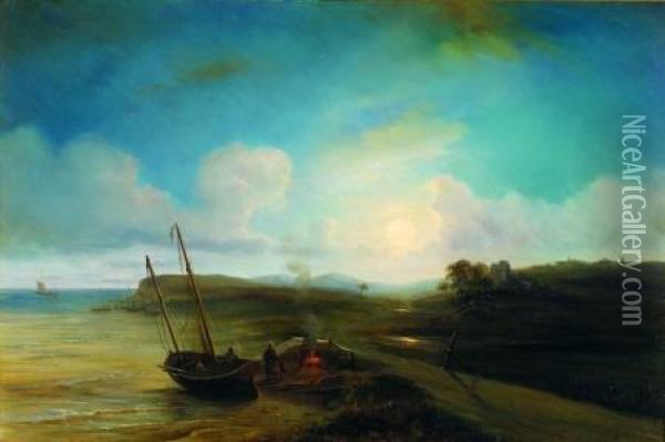 Encampment On A Moonlit Beach Oil Painting - Theodore Gudin