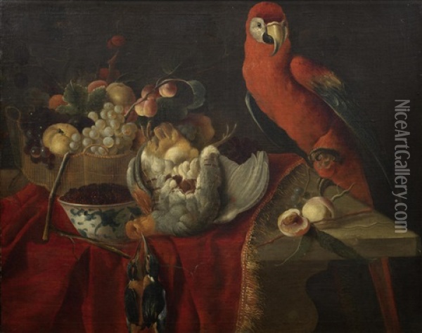 A Scarlet Macaw, Dead Kingfishers And A Partridge On A Table-top With A Basket Of Fruit Oil Painting - Robert Van Der Myn