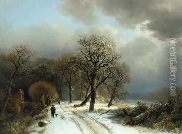 A Figure Walking His Dog on a Path in a Winter Landscape Oil Painting - Barend Cornelis Koekkoek