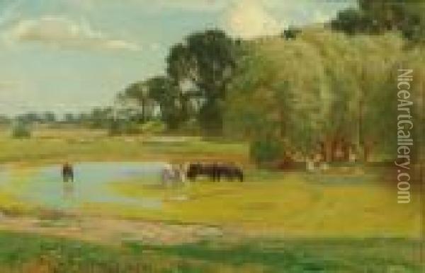 Horses Watering In An Extensive Summer Landscape Oil Painting - David Murray