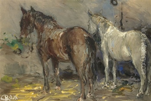 Zwei Pferde Im Stall Oil Painting - Carl Ruedell