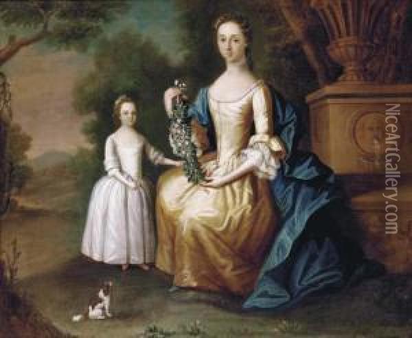 An Elegant Lady And Her Daughter By A Fountain In An Extensivelandscape Oil Painting - Bartholomew Dandridge