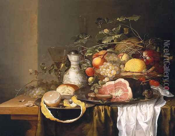 Still life with a basket of fruit and a ham Oil Painting - Laurens Craen