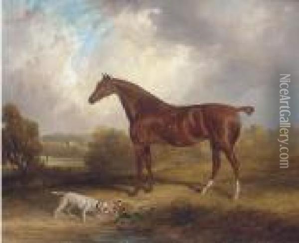 A Chestnut Hunter Before A Country House Oil Painting - Samuel John Egbert Jones