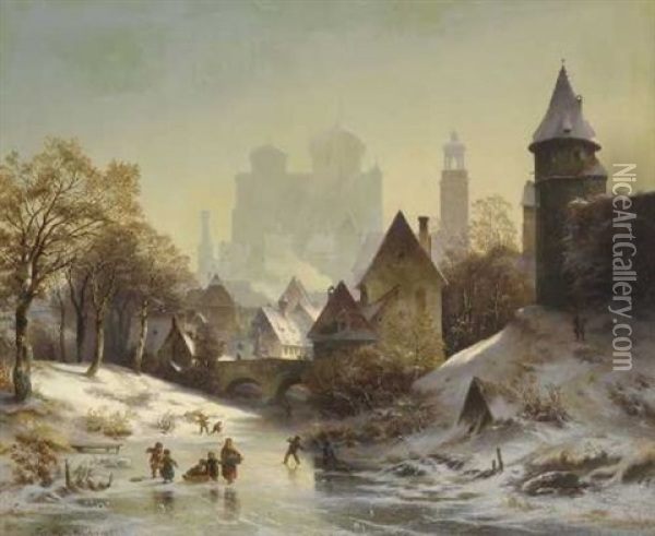 Blick Auf Das Winterliche Augsburg Oil Painting - Friedrich Carl Mayer